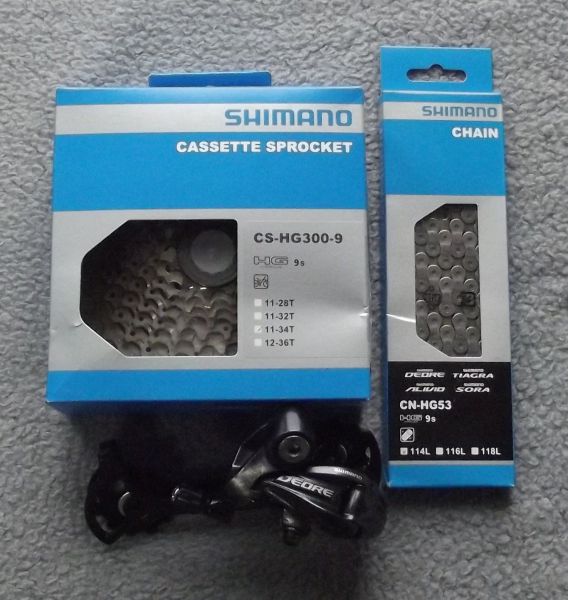Shimano Fahrrad Verschleißset Deore 9-Fach Zahnkranz + Kette + Schaltwerkfür Mountainbike, Trekkingrad, Crossrad und andere